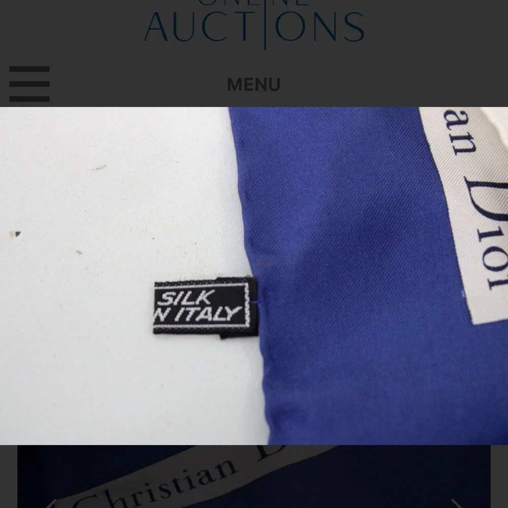 Authentic Dior Blue and White Patterned Silk Scarf with Certificate of Authentic